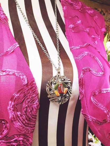 Vintage 1970s Scottish Jasper Pewter Celtic Necklace 28" Pendant Gemstone