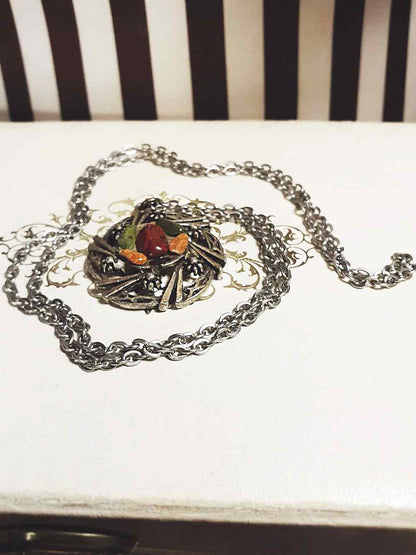 Vintage 1970s Scottish Jasper Pewter Celtic Necklace 28" Pendant Gemstone