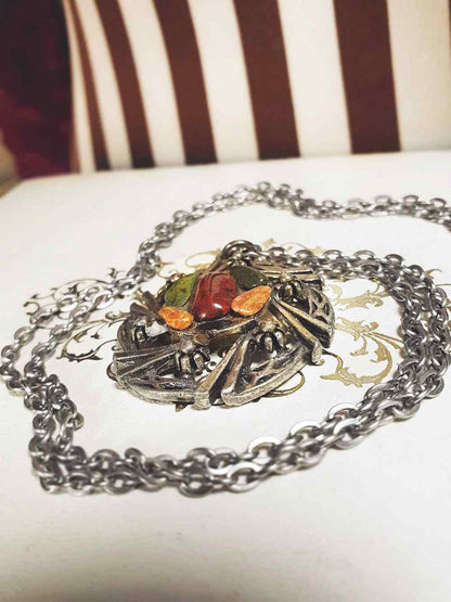 Vintage 1970s Scottish Jasper Pewter Celtic Necklace 28" Pendant Gemstone