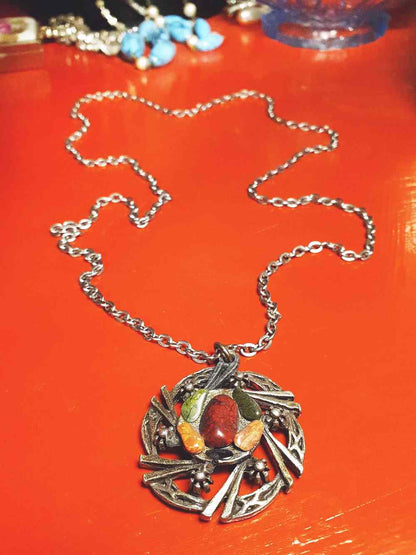 Vintage 1970s Scottish Jasper Pewter Celtic Necklace 28" Pendant Gemstone