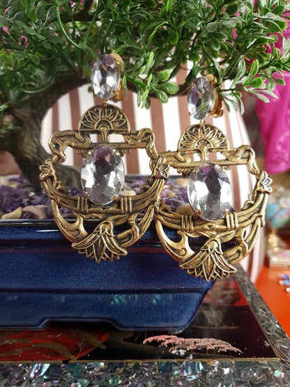 Vintage 1980s Egyptian Revival Statement Earrings Clip On Boho