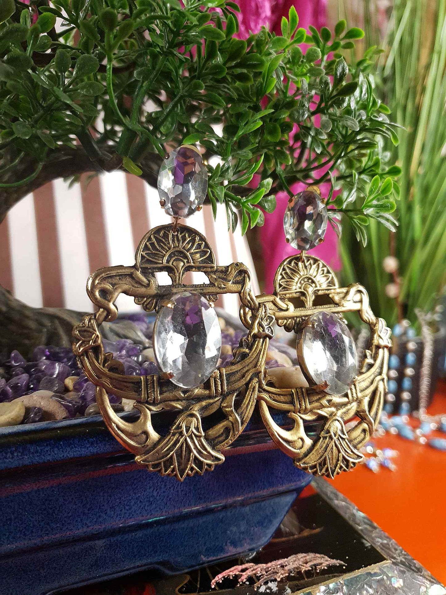 Vintage 1980s Egyptian Revival Statement Earrings Clip On Boho