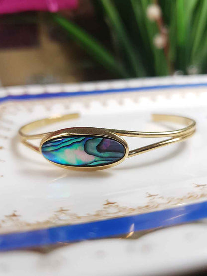 Vintage 1980s Abalone Shell Bracelet Bangle - Gold-Plated
