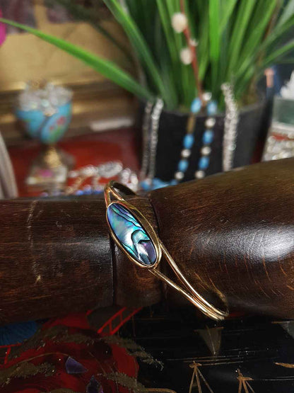 Vintage 1980s Abalone Shell Bracelet Bangle - Gold-Plated