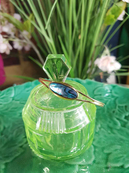 Vintage 1980s Abalone Shell Bracelet Bangle - Gold-Plated