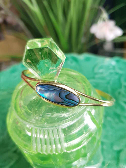 Vintage 1980s Abalone Shell Bracelet Bangle - Gold-Plated