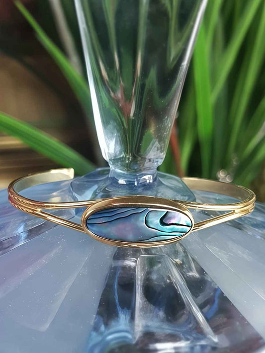 Vintage 1980s Abalone Shell Bracelet Bangle - Gold-Plated