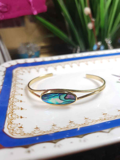 Vintage 1980s Abalone Shell Bracelet Bangle - Gold-Plated