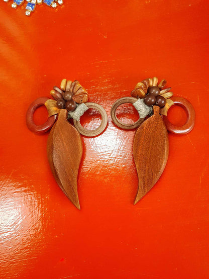 Vintage 1980s Statement Boho Dangle Earrings Clip On Wood Bohemian Artisan