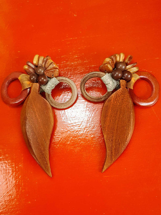 Vintage 1980s Statement Boho Dangle Earrings Clip On Wood Bohemian Artisan