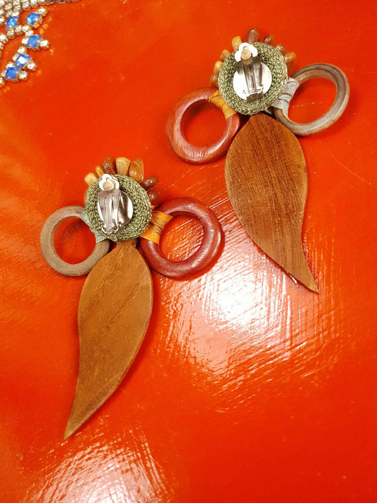 Vintage 1980s Statement Boho Dangle Earrings Clip On Wood Bohemian Artisan