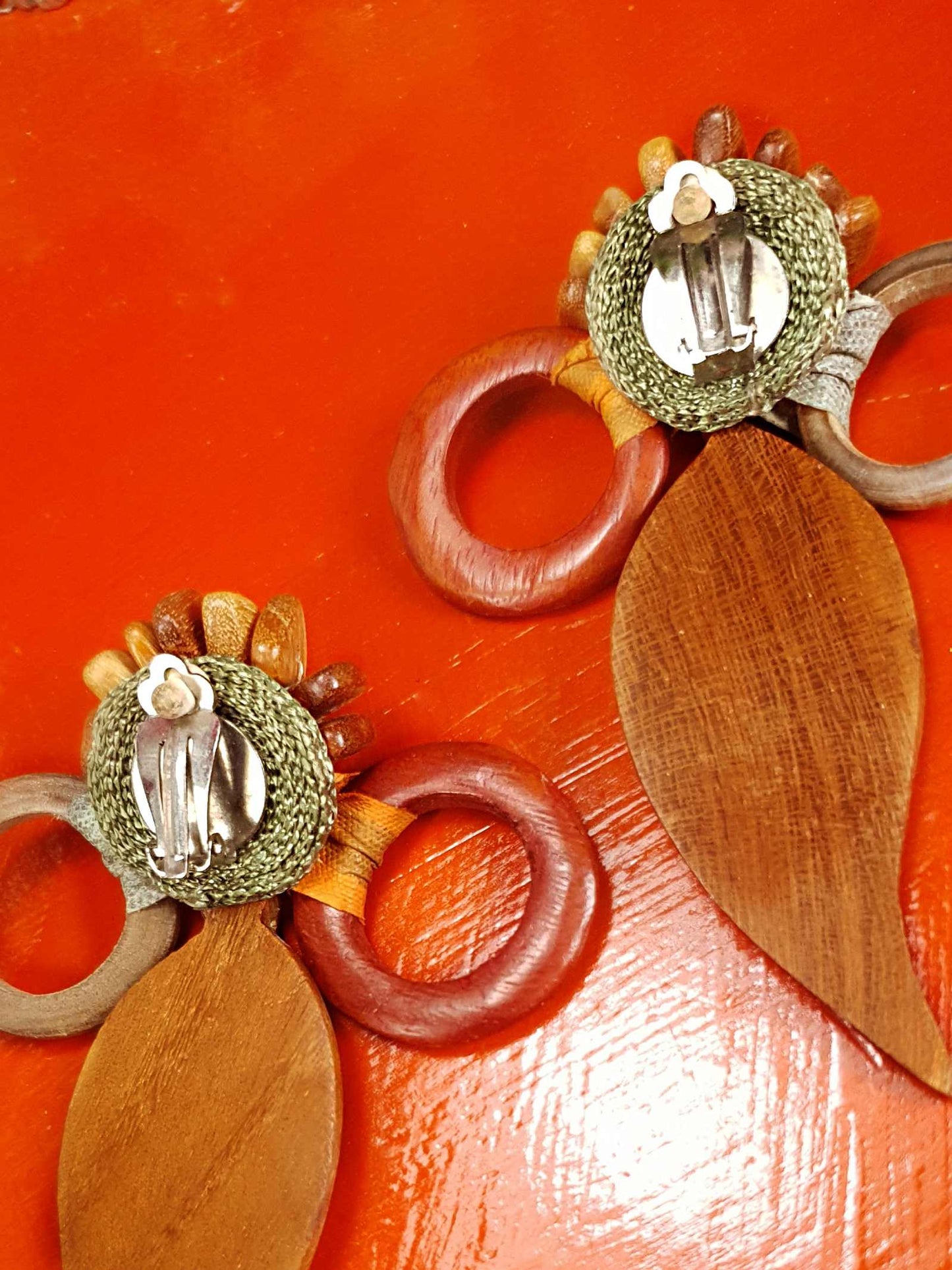 Vintage 1980s Statement Boho Dangle Earrings Clip On Wood Bohemian Artisan