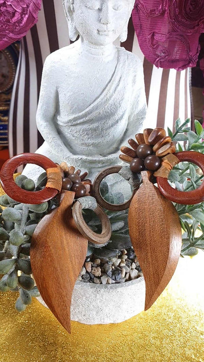 Vintage 1980s Statement Boho Dangle Earrings Clip On Wood Bohemian Artisan