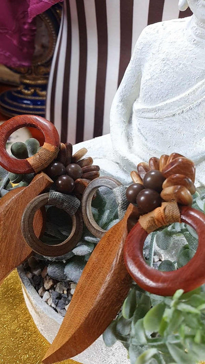 Vintage 1980s Statement Boho Dangle Earrings Clip On Wood Bohemian Artisan