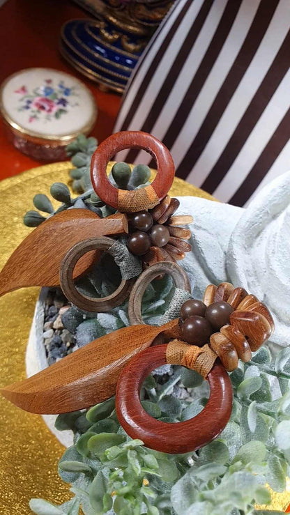 Vintage 1980s Statement Boho Dangle Earrings Clip On Wood Bohemian Artisan