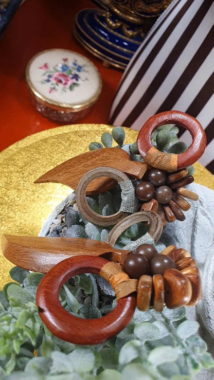 Vintage 1980s Statement Boho Dangle Earrings Clip On Wood Bohemian Artisan