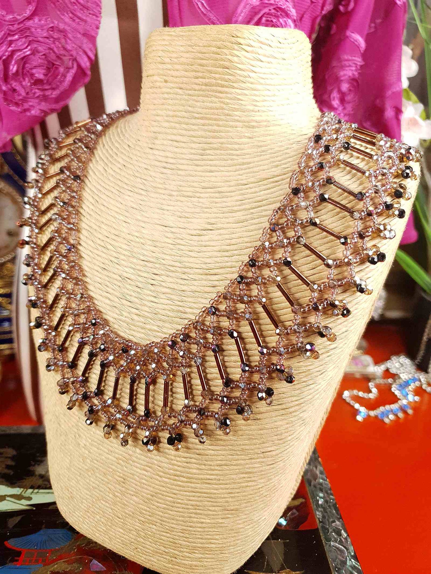 Vintage 1980s Bead Collar Boho Necklace Copper Mauve Bohemian