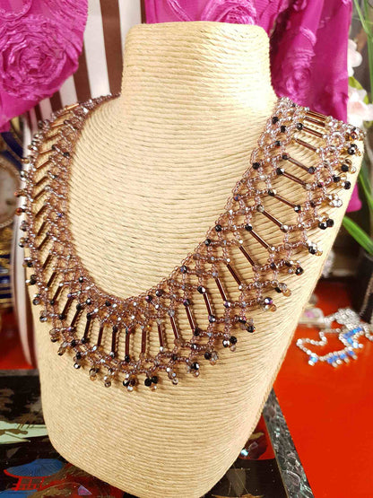 Vintage 1980s Bead Collar Boho Necklace Copper Mauve Bohemian