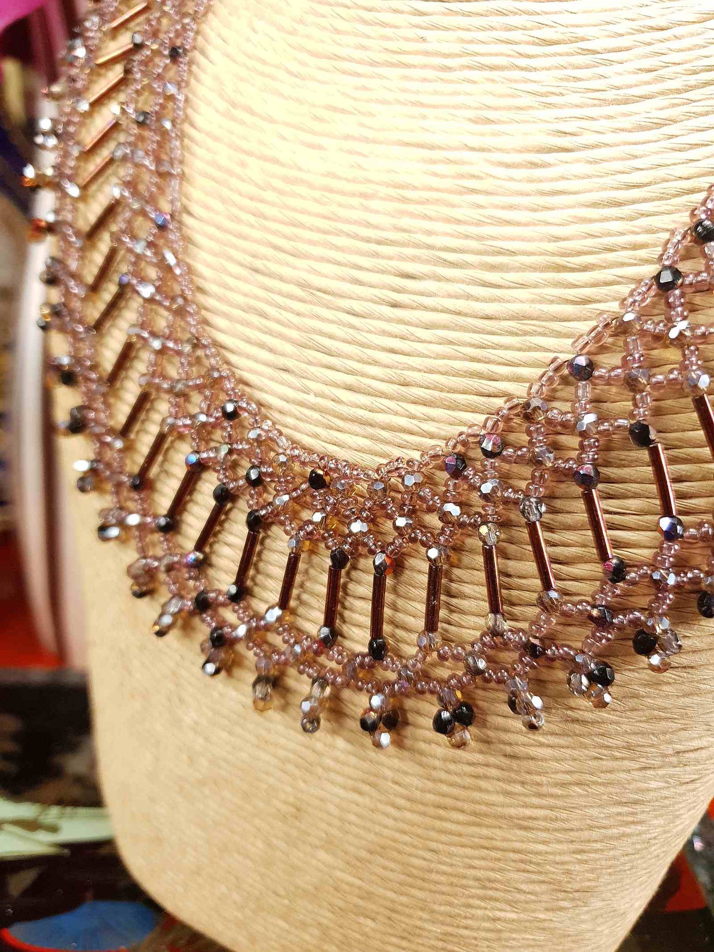 Vintage 1980s Bead Collar Boho Necklace Copper Mauve Bohemian