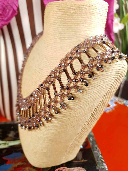 Vintage 1980s Bead Collar Boho Necklace Copper Mauve Bohemian