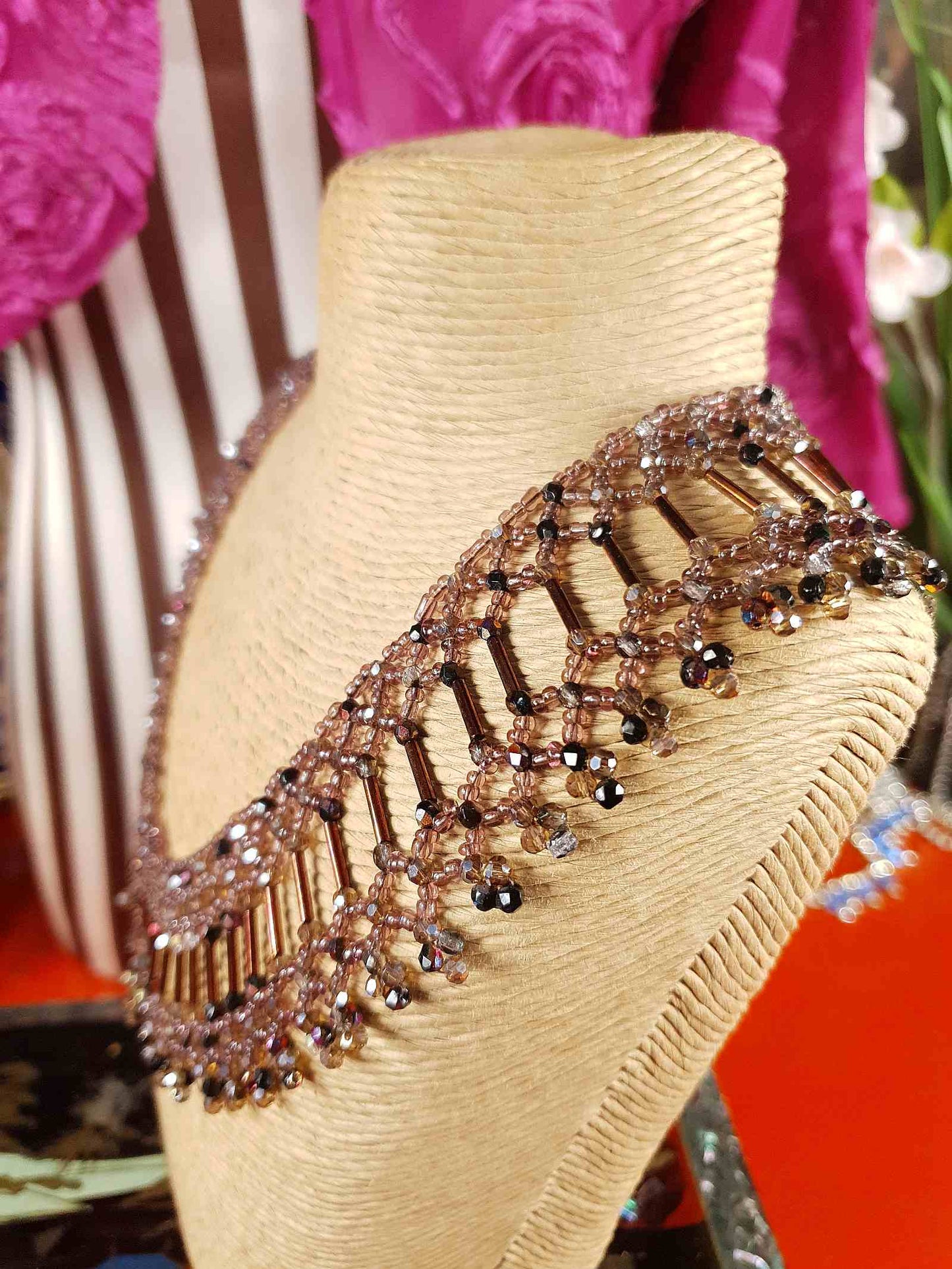 Vintage 1980s Bead Collar Boho Necklace Copper Mauve Bohemian