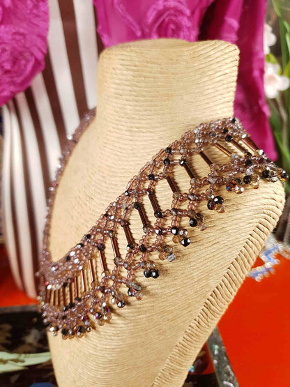 Vintage 1980s Bead Collar Boho Necklace Copper Mauve Bohemian