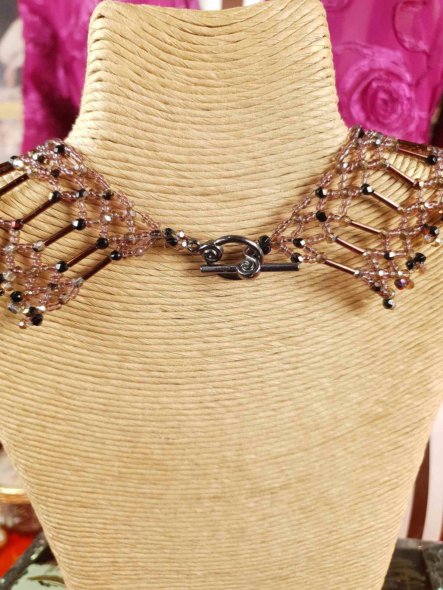 Vintage 1980s Bead Collar Boho Necklace Copper Mauve Bohemian