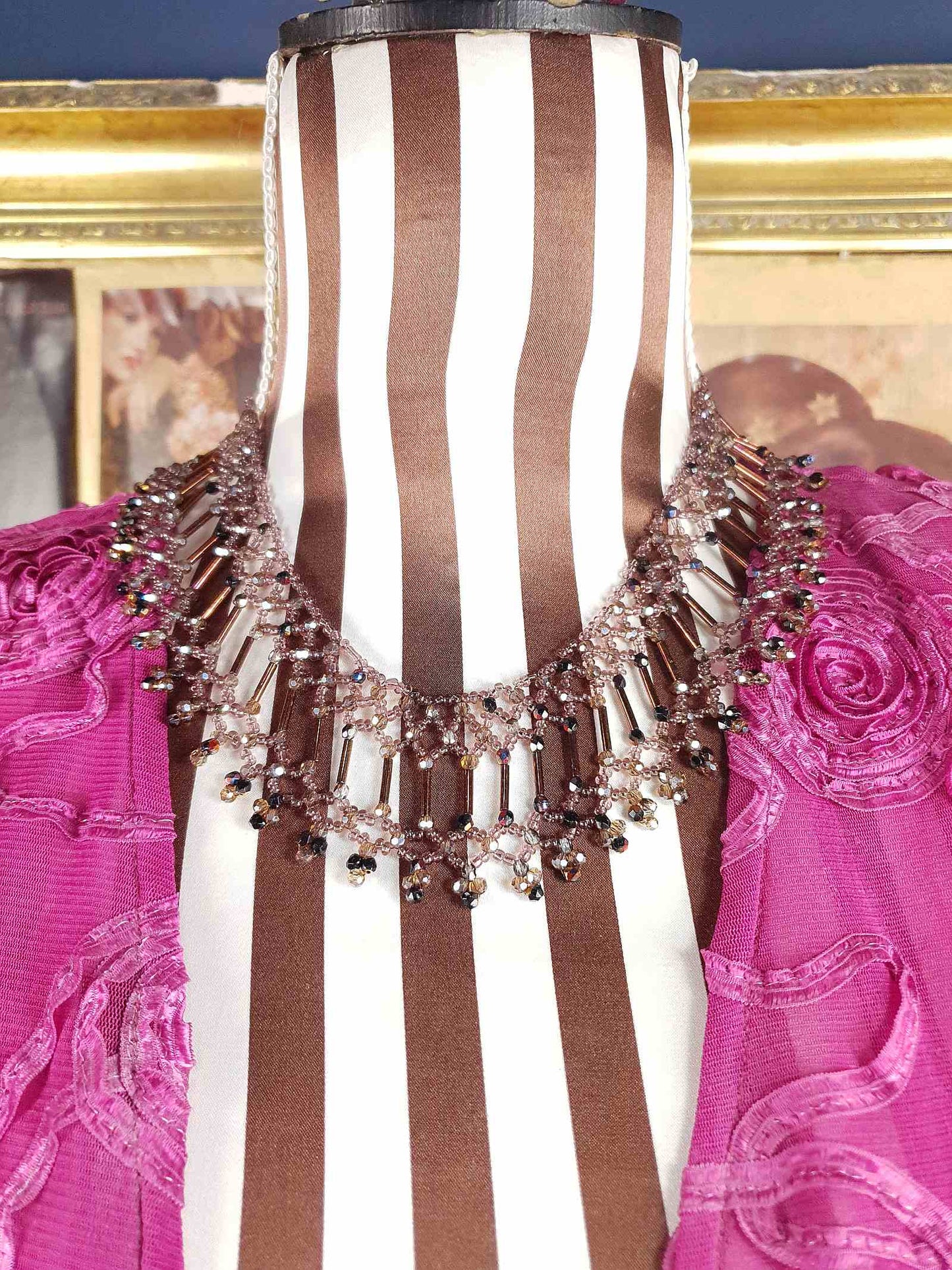 Vintage 1980s Bead Collar Boho Necklace Copper Mauve Bohemian