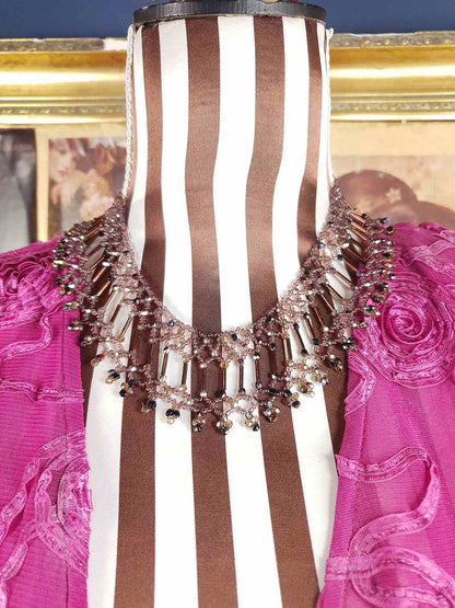 Vintage 1980s Bead Collar Boho Necklace Copper Mauve Bohemian