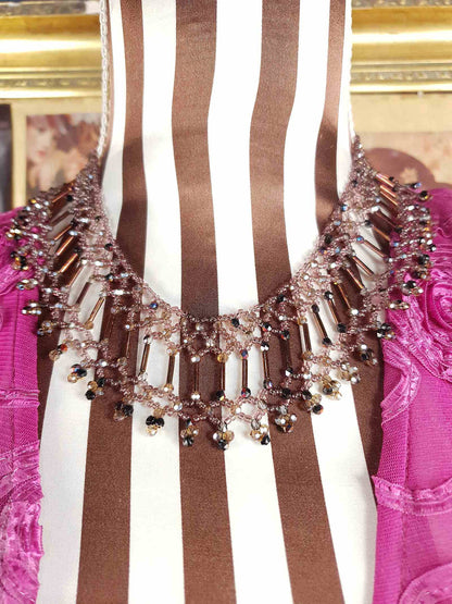 Vintage 1980s Bead Collar Boho Necklace Copper Mauve Bohemian