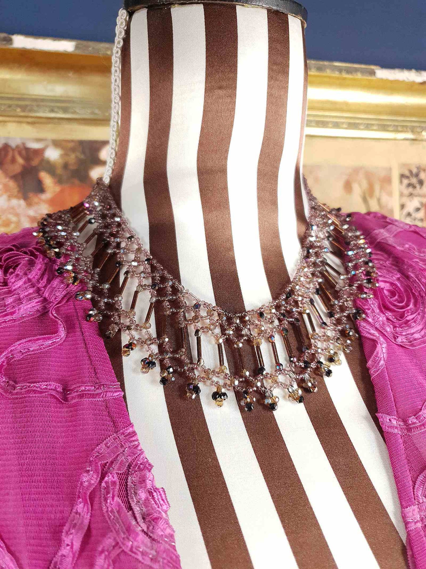 Vintage 1980s Bead Collar Boho Necklace Copper Mauve Bohemian