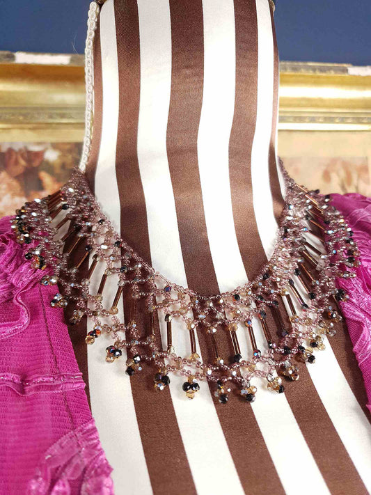 Vintage 1980s Bead Collar Boho Necklace Copper Mauve Bohemian