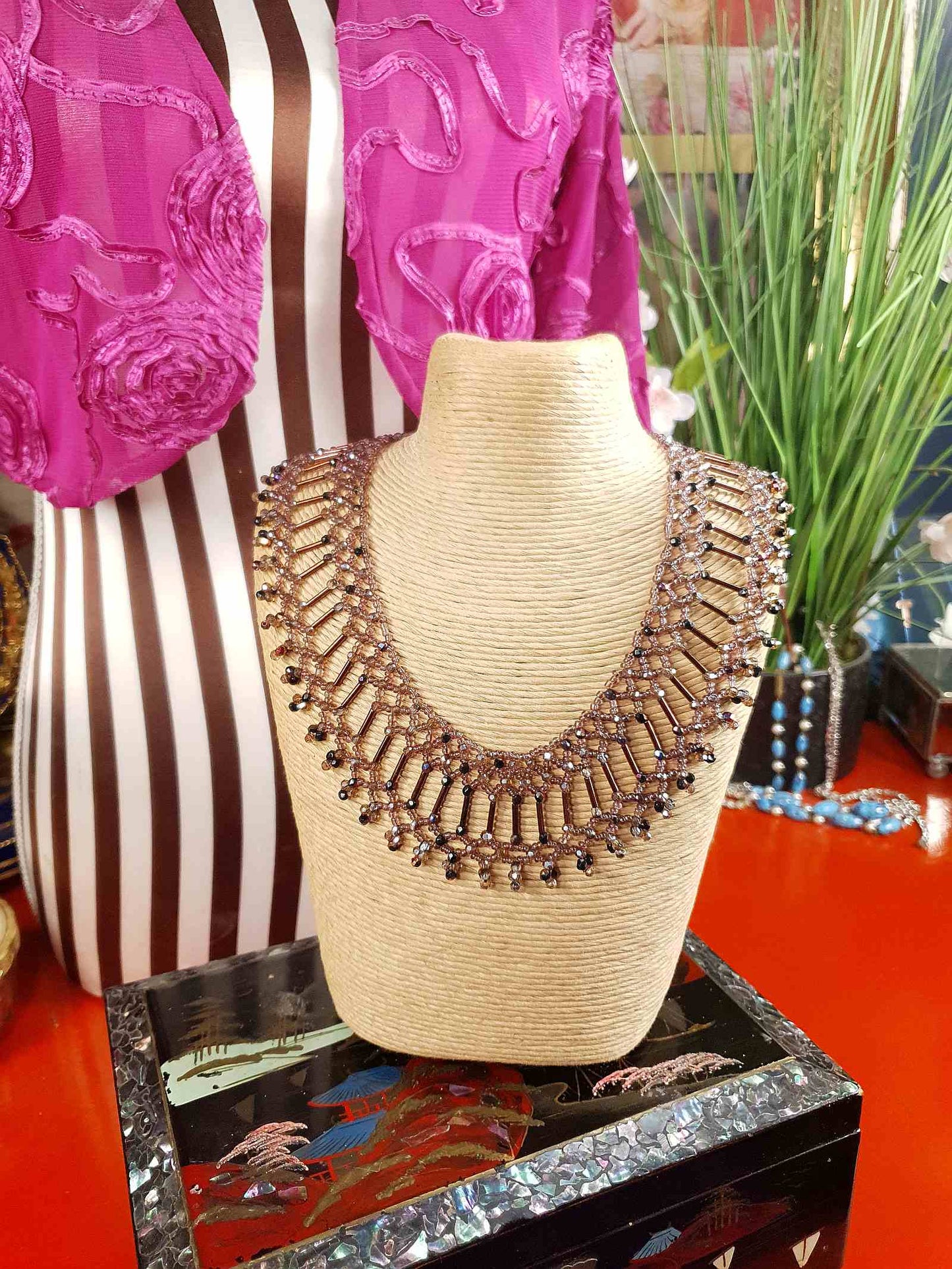 Vintage 1980s Bead Collar Boho Necklace Copper Mauve Bohemian