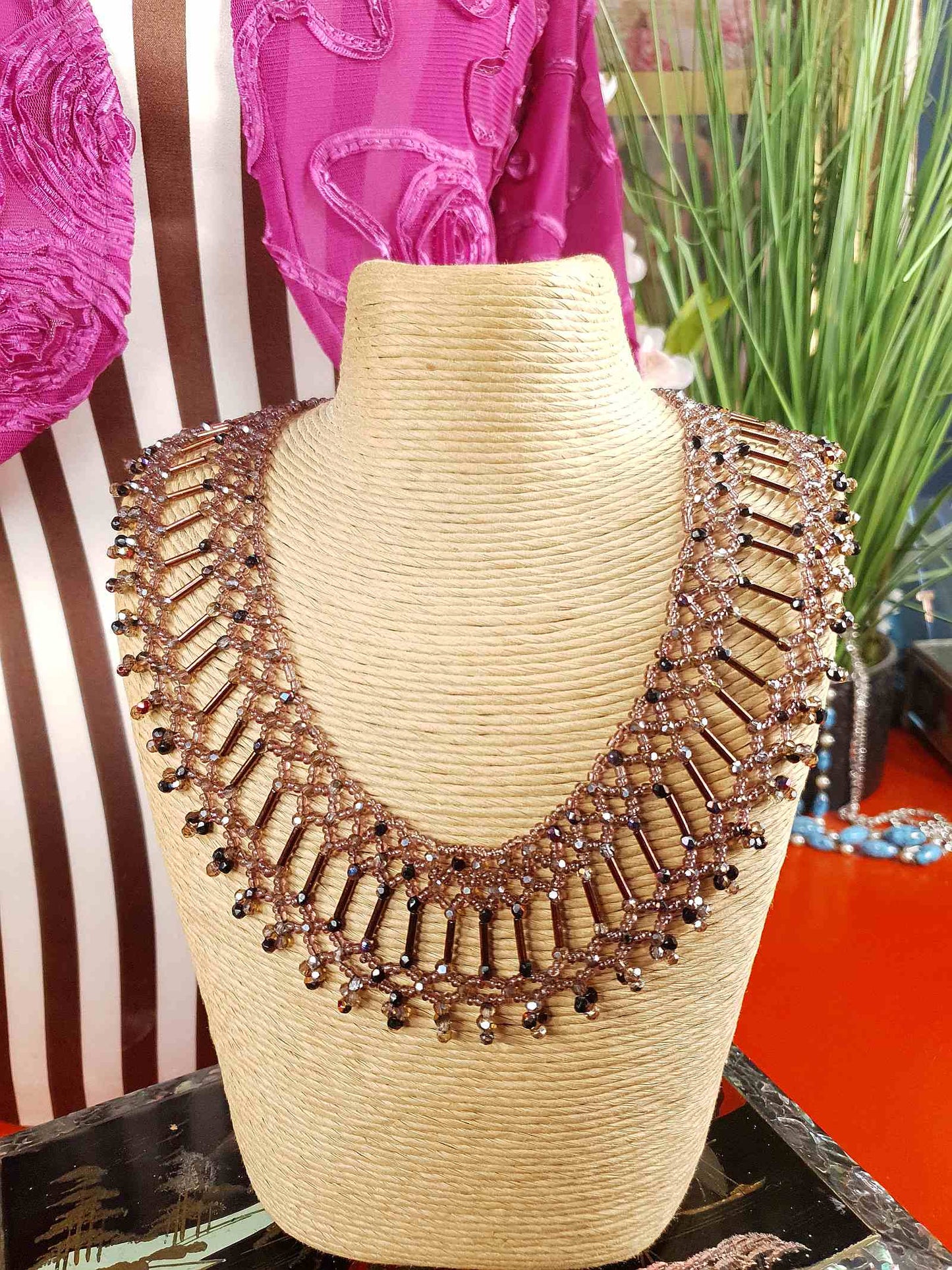 Vintage 1980s Bead Collar Boho Necklace Copper Mauve Bohemian