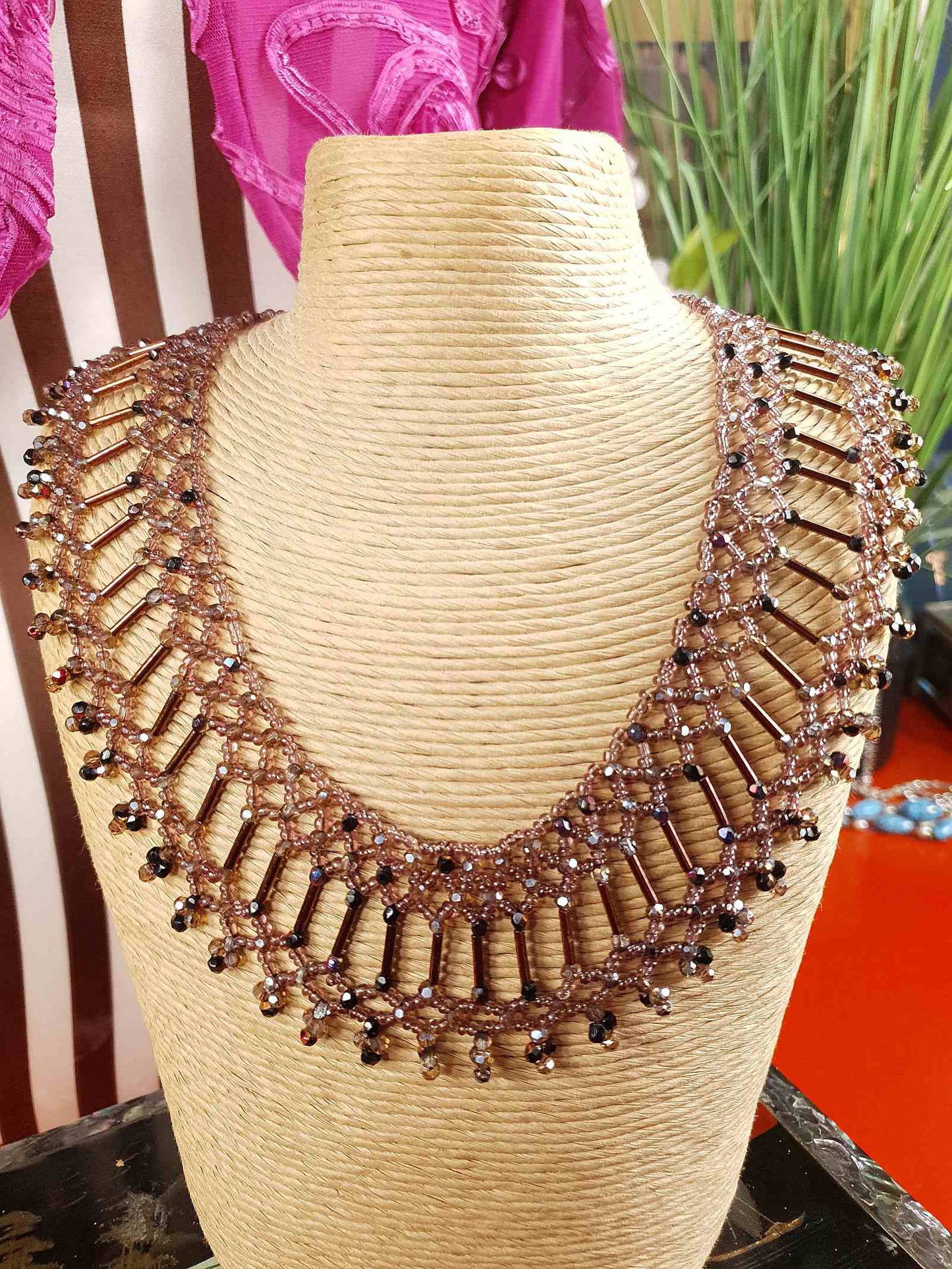 Vintage 1980s Bead Collar Boho Necklace Copper Mauve Bohemian