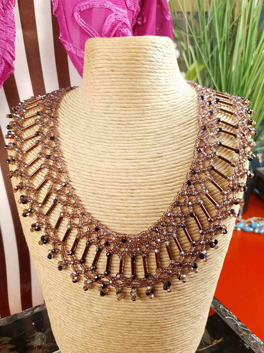Vintage 1980s Bead Collar Boho Necklace Copper Mauve Bohemian