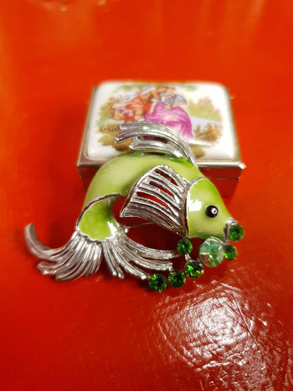 Vintage 1980s Green Enamel Fish Brooch Aurora Borealis Rhinestone
