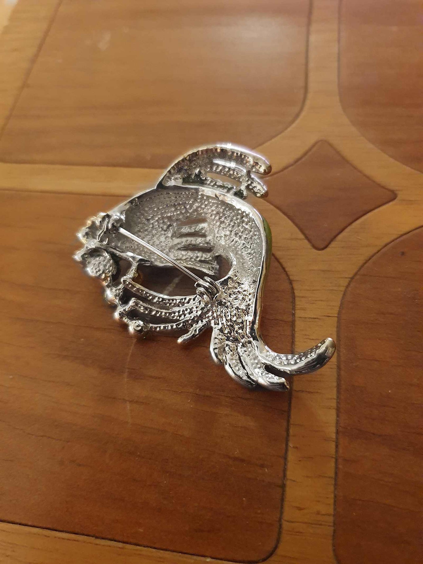 Vintage 1980s Green Enamel Fish Brooch Aurora Borealis Rhinestone