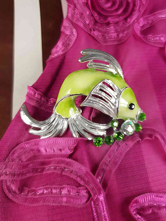 Vintage 1980s Green Enamel Fish Brooch Aurora Borealis Rhinestone