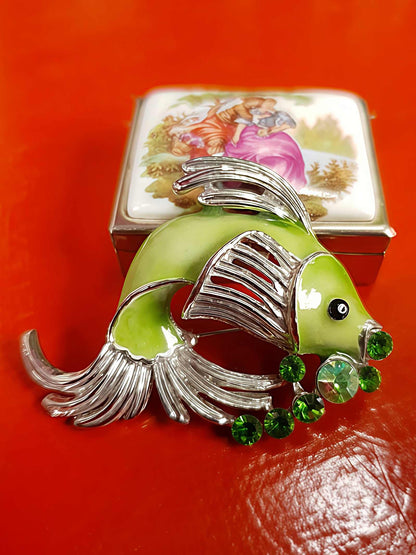 Vintage 1980s Green Enamel Fish Brooch Aurora Borealis Rhinestone