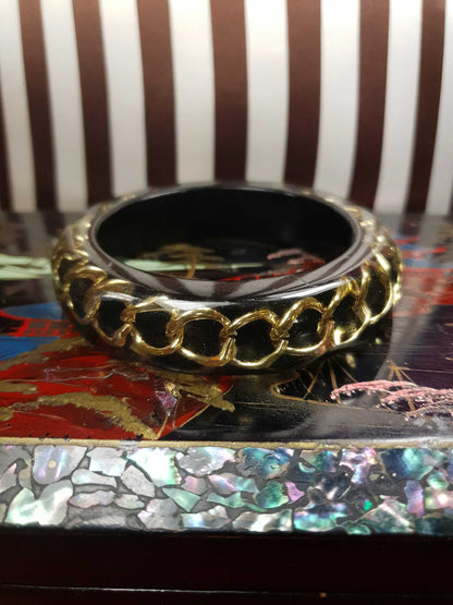 Vintage 1980s Lucite Gold Chain Bangle Bracelet Modernist
