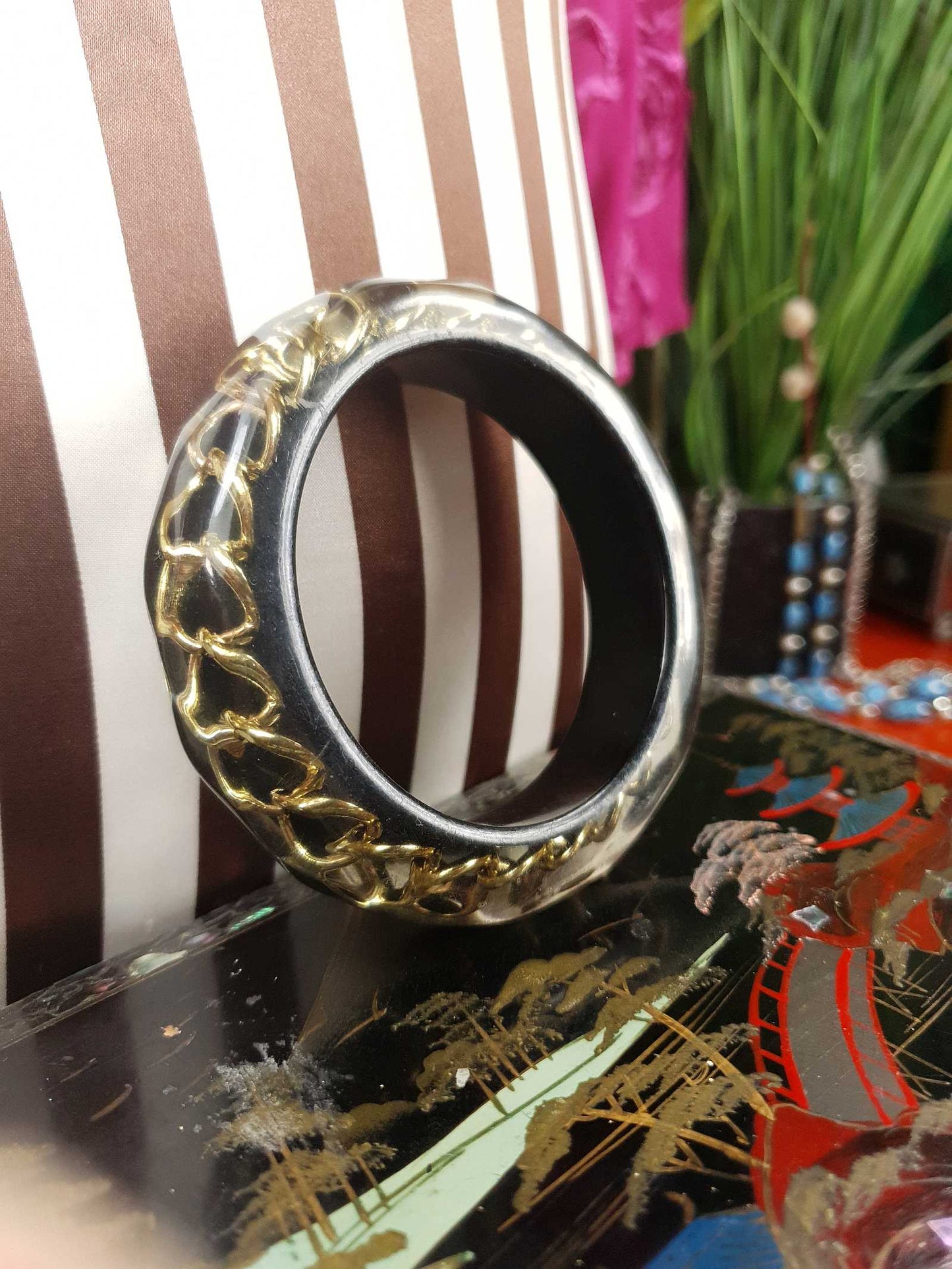 Vintage 1980s Lucite Gold Chain Bangle Bracelet Modernist