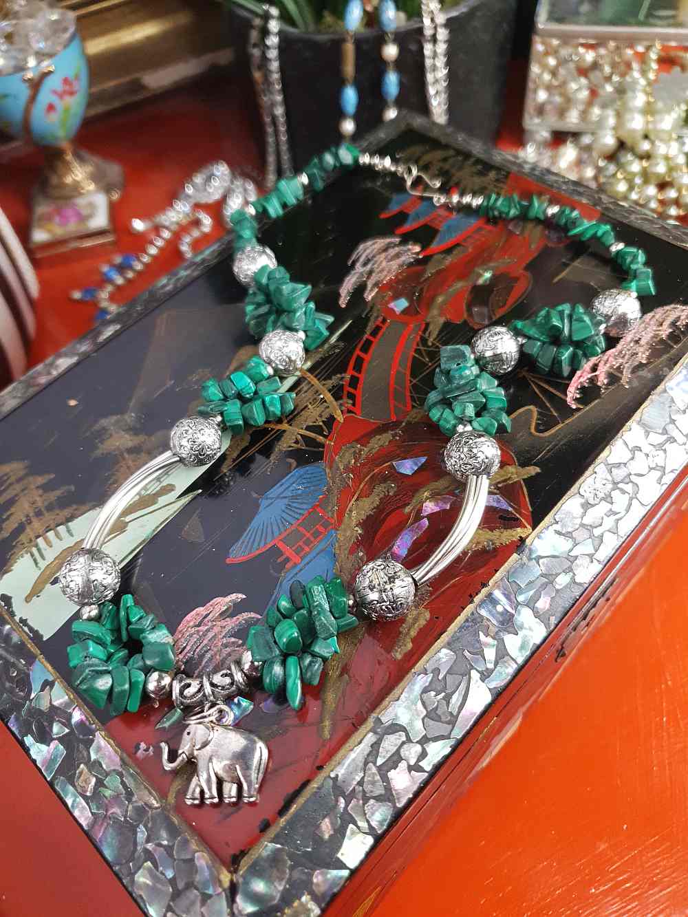 Vintage 1980s Malachite Boho Elephant Necklace Bohemian