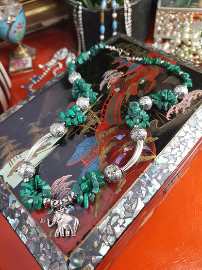 Vintage 1980s Malachite Boho Elephant Necklace Bohemian