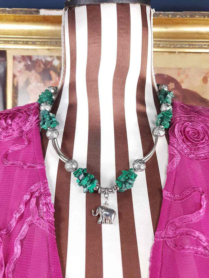 Vintage 1980s Malachite Boho Elephant Necklace Bohemian