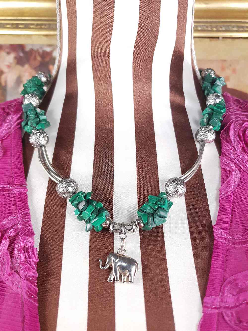 Vintage 1980s Malachite Boho Elephant Necklace Bohemian