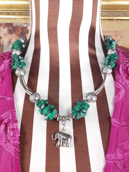 Vintage 1980s Malachite Boho Elephant Necklace Bohemian