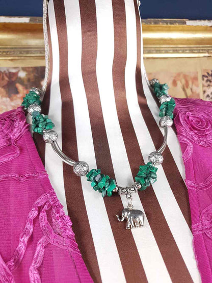 Vintage 1980s Malachite Boho Elephant Necklace Bohemian