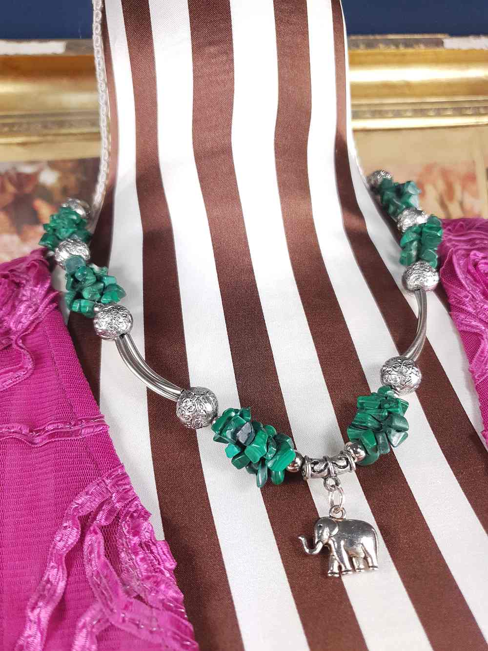 Vintage 1980s Malachite Boho Elephant Necklace Bohemian