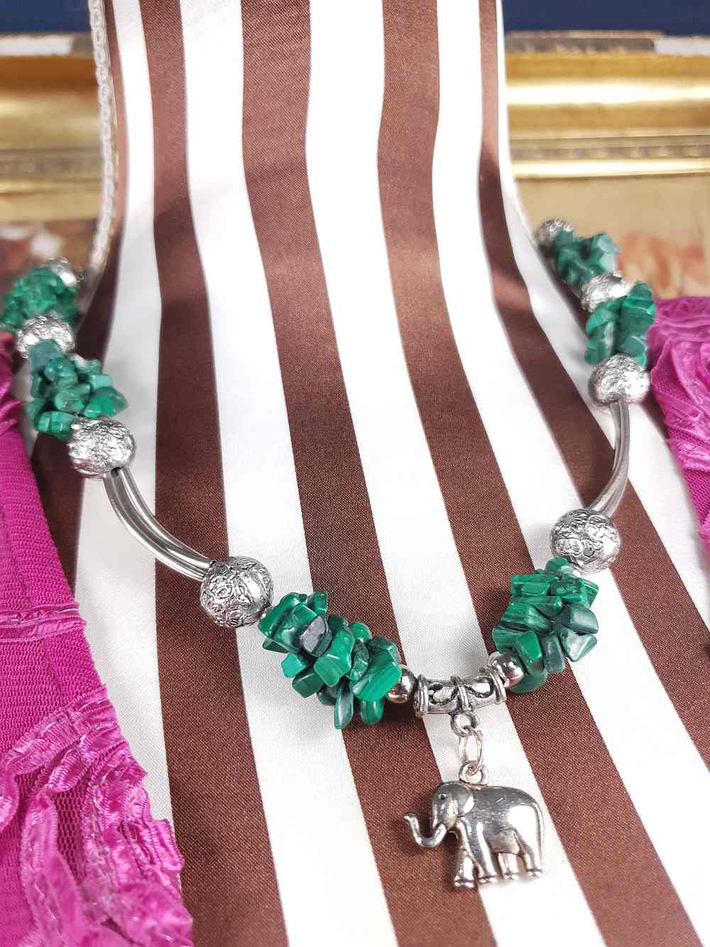 Vintage 1980s Malachite Boho Elephant Necklace Bohemian